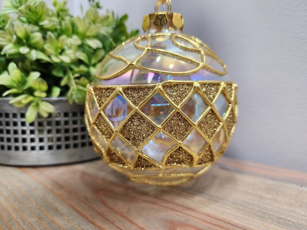 Vintage Gold Mesh Covered Iridescent Glass Christmas Tree Holiday Ornament Ball